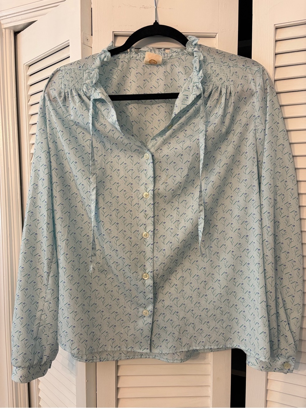 C&A Vintage Light Blue Printed Ruffle Tie-Neck Blouse